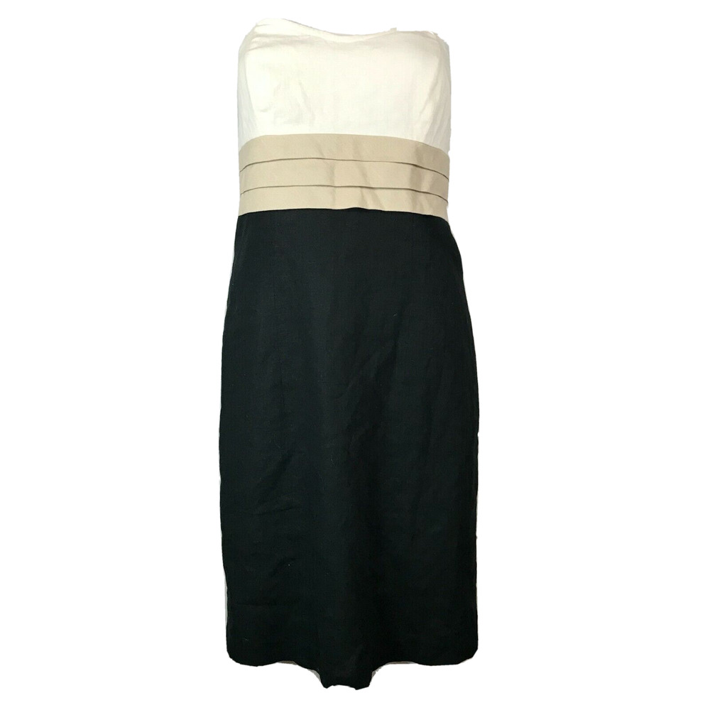 Kookai Dress Womens Sz 10 Beige Black Color Block Strapless Linen Sheath‎